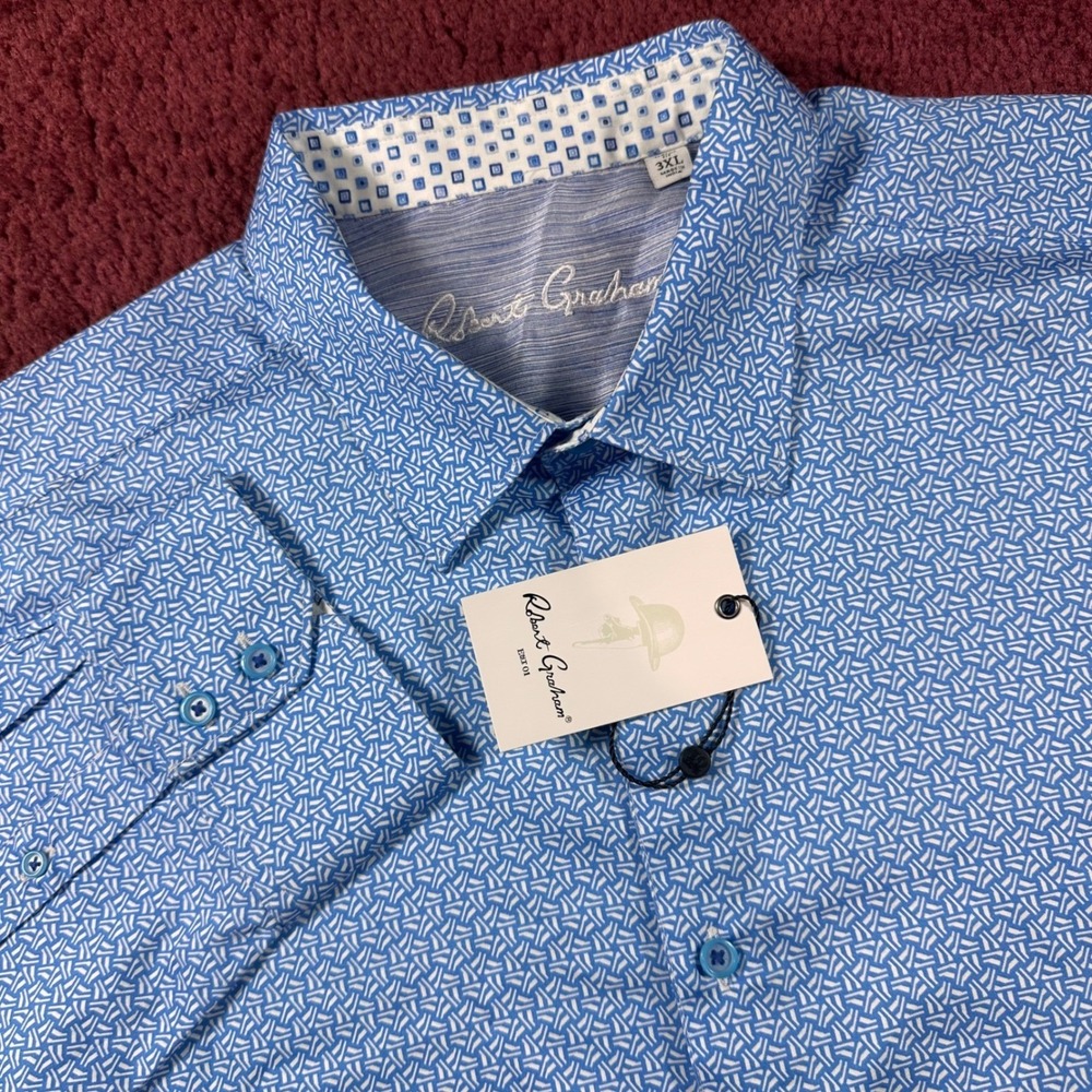 Robert Graham Button Front Shirt Mens 3XL Blue Mosaic Print Classic Fit NWT‎